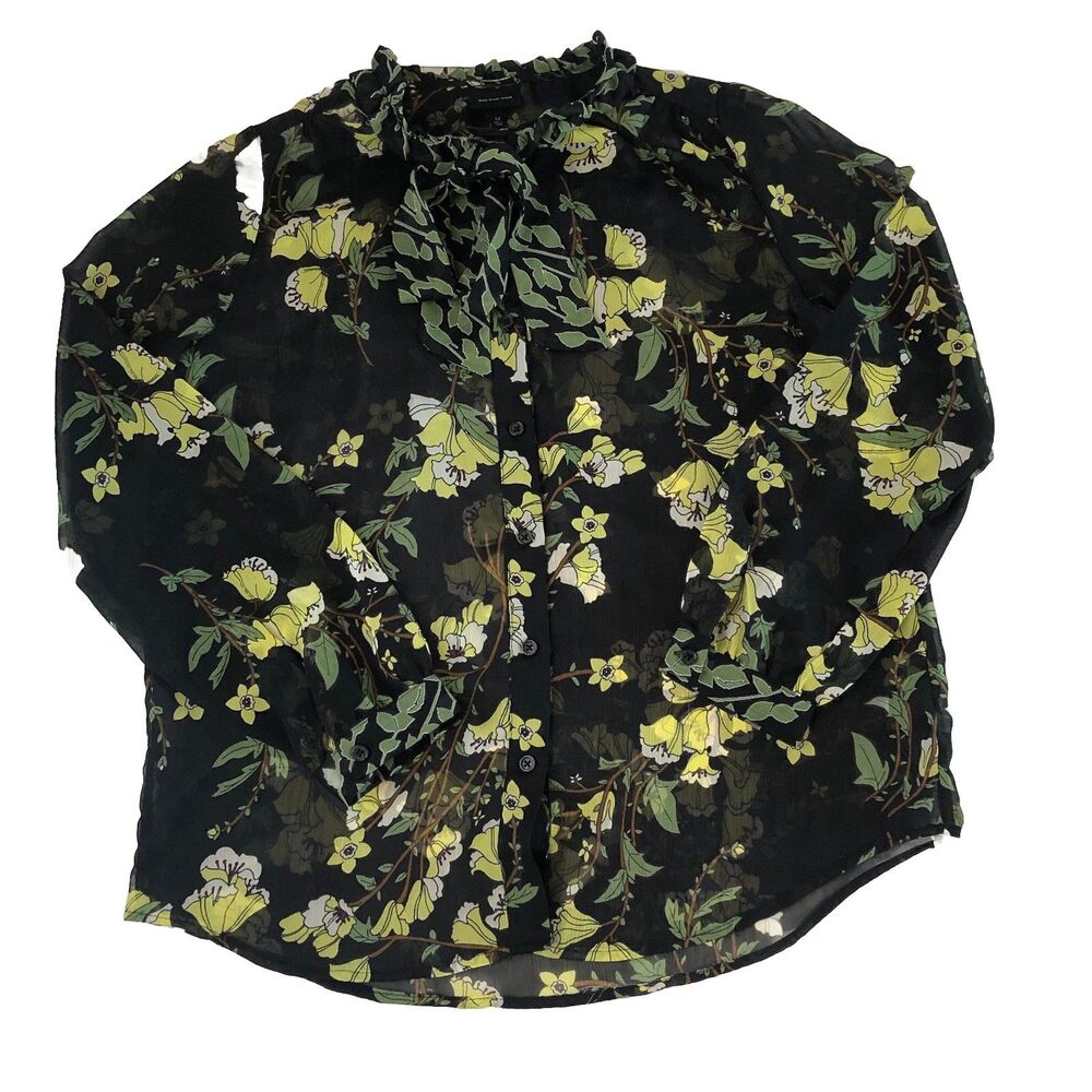 WHO WHAT WEAR Women's Black Floral Sheer Button Up Ruffle L/S Blouse Medium